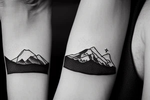 Forearm sleeve with silhouette of mount Rainer up with the peak pointing up the arm and the New Zealand southern alps upside down with the peak near the wrist and an ocean between them tattoo idea