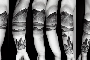 Forearm sleeve with silhouette of mount Rainer up with the peak pointing up the arm and the New Zealand southern alps upside down with the peak near the wrist and an ocean between them tattoo idea