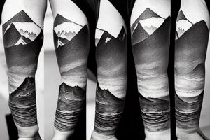 Forearm sleeve with silhouette of mount Rainer up with the peak pointing up the arm and the New Zealand southern alps upside down with the peak near the wrist and an ocean between them tattoo idea