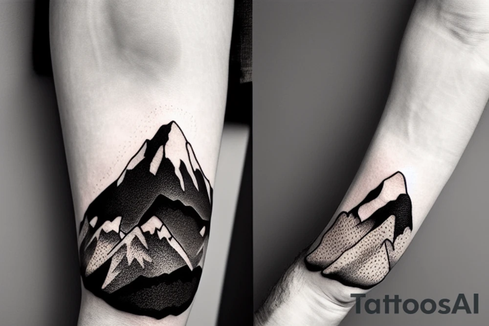 Forearm sleeve with silhouette of a mountain (mount Rainer) with with the peak pointing up the arm and then an mountain range upside down closer to the wrist representing the southern alps in New Zealand tattoo idea