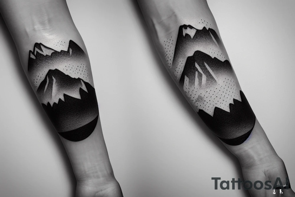 Forearm sleeve with silhouette of a mountain (mount Rainer) with with the peak pointing up the arm and then an mountain range upside down closer to the wrist representing the southern alps in New Zealand tattoo idea