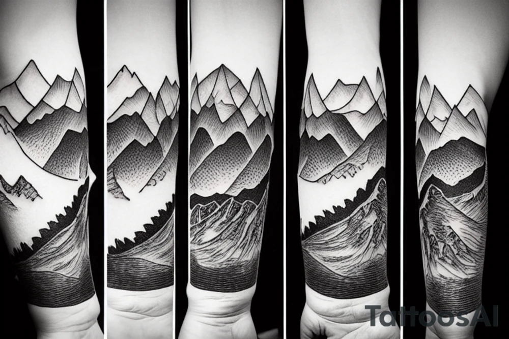 Forearm sleeve with silhouette of a mountain (mount Rainer) with with the peak pointing up the arm and then an mountain range upside down closer to the wrist representing the southern alps in New Zealand tattoo idea