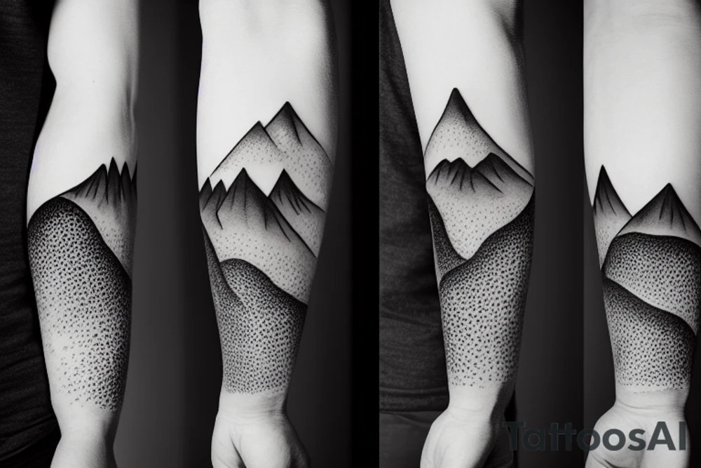 Forearm sleeve with silhouette of a mountain (mount Rainer) with with the peak pointing up the arm and then an mountain range upside down closer to the wrist representing the southern alps in New Zealand tattoo idea