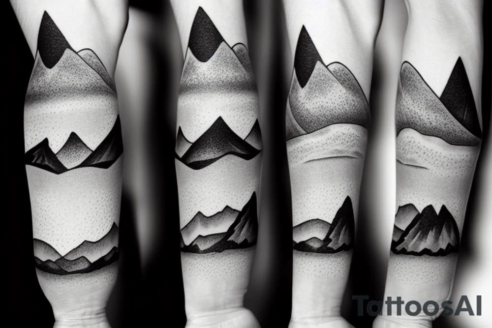 Forearm sleeve with silhouette of a mountain (mount Rainer) with with the peak pointing up the arm and then an mountain range upside down closer to the wrist representing the southern alps in New Zealand tattoo idea