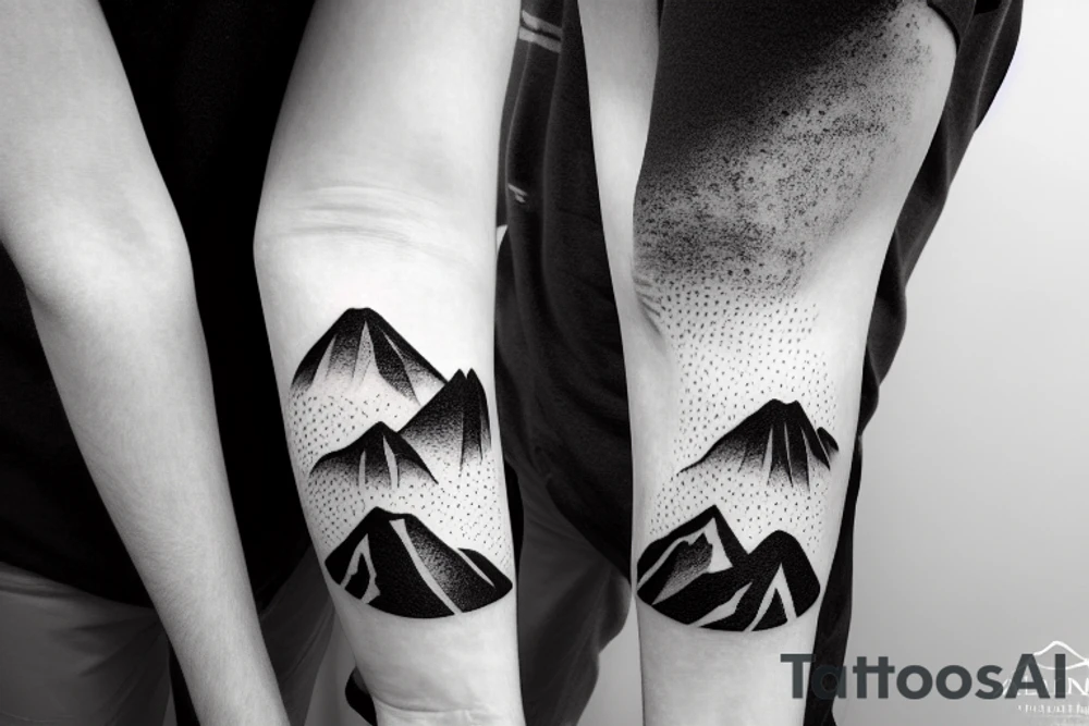 Forearm sleeve with silhouette of a mountain (mount Rainer) with with the peak pointing up the arm and then an mountain range upside down closer to the wrist representing the southern alps in New Zealand tattoo idea