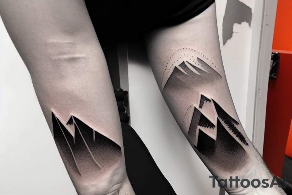 Forearm sleeve with silhouette of a mountain (mount Rainer) with with the peak pointing up the arm and then an mountain range upside down closer to the wrist representing the southern alps in New Zealand tattoo idea