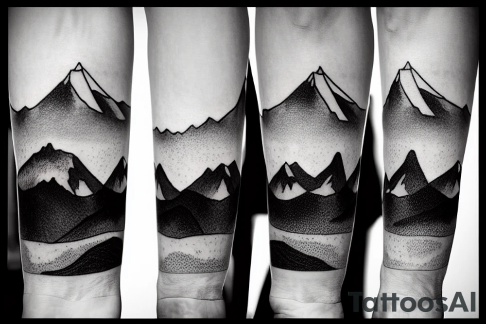 Forearm sleeve with silhouette of a mountain (mount Rainer) with with the peak pointing up the arm and then an mountain range upside down closer to the wrist representing the southern alps in New Zealand tattoo idea