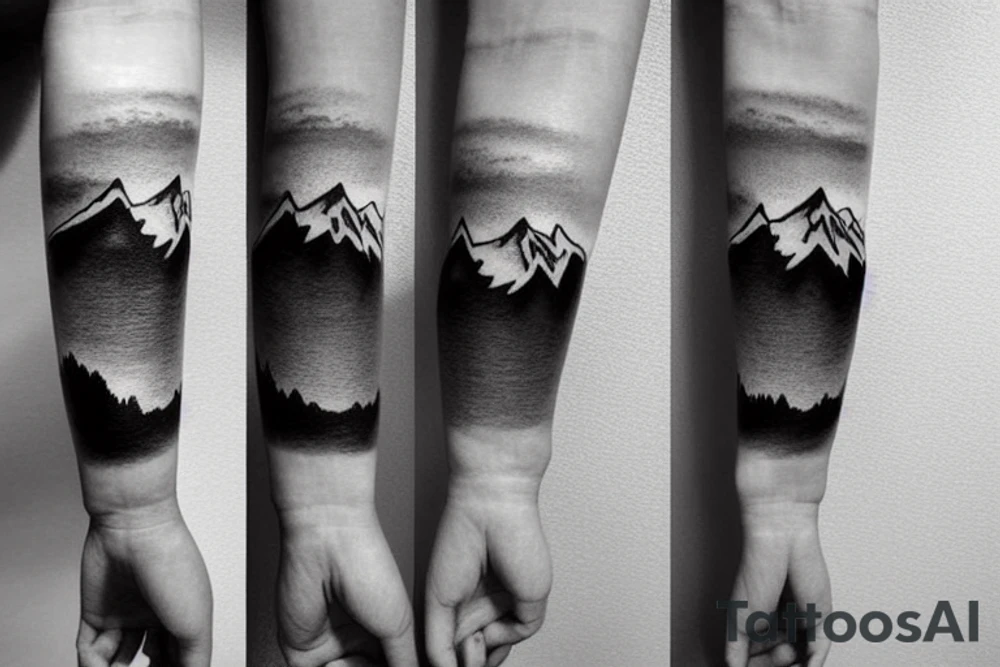 Forearm sleeve with silhouette of a mountain (mount Rainer) with with the peak pointing up the arm and then an mountain range upside down closer to the wrist representing the southern alps in New Zealand tattoo idea