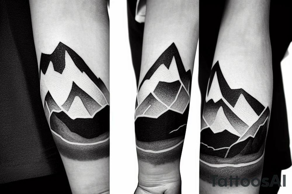 Forearm sleeve with silhouette of a mountain (mount Rainer) with with the peak pointing up the arm and then an mountain range upside down closer to the wrist representing the southern alps in New Zealand tattoo idea