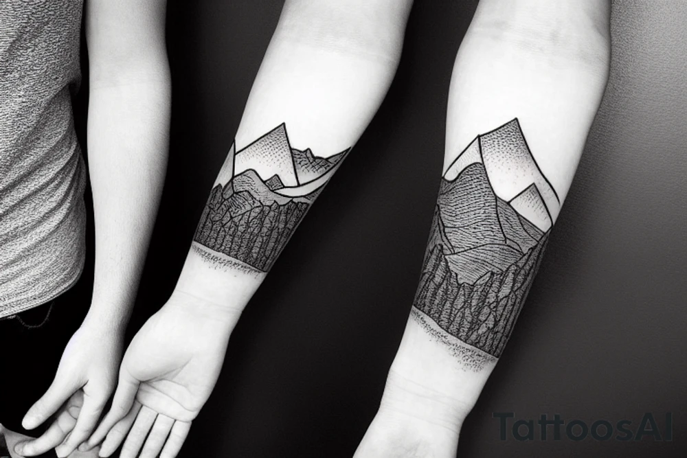 Forearm sleeve with silhouette of a mountain (mount Rainer) with with the peak pointing up the arm and then an mountain range upside down closer to the wrist representing the southern alps in New Zealand tattoo idea