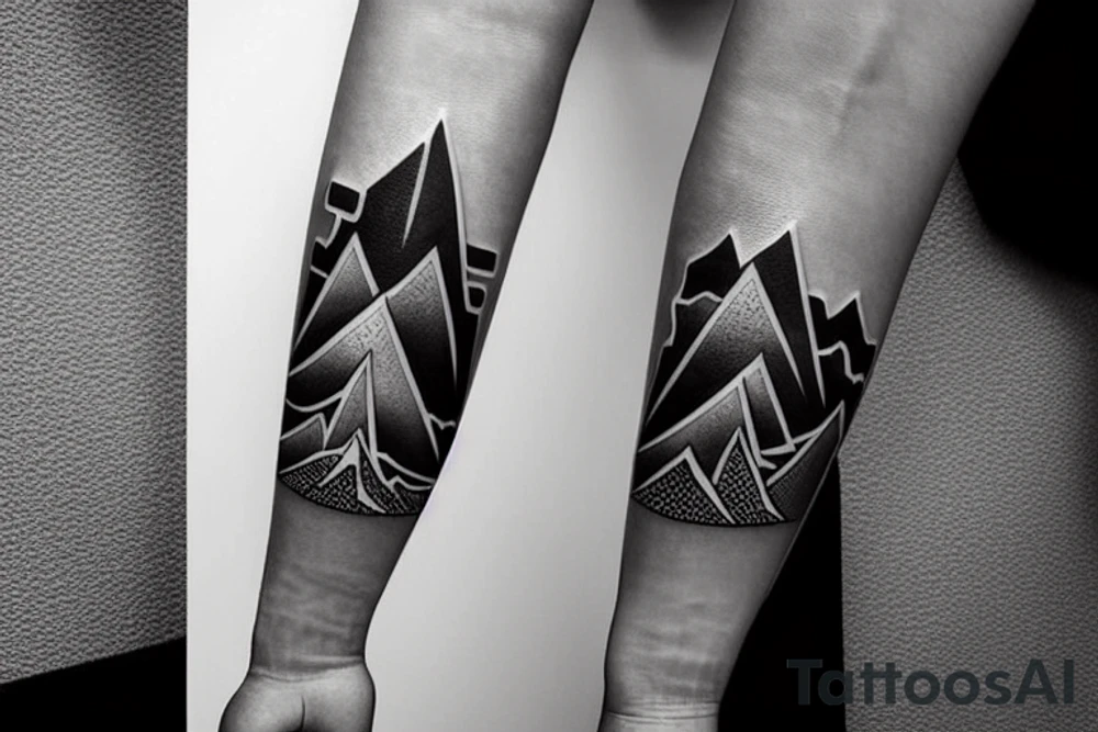 Forearm sleeve with silhouette of a mountain (mount Rainer) with with the peak pointing up the arm and then an mountain range upside down closer to the wrist representing the southern alps in New Zealand tattoo idea