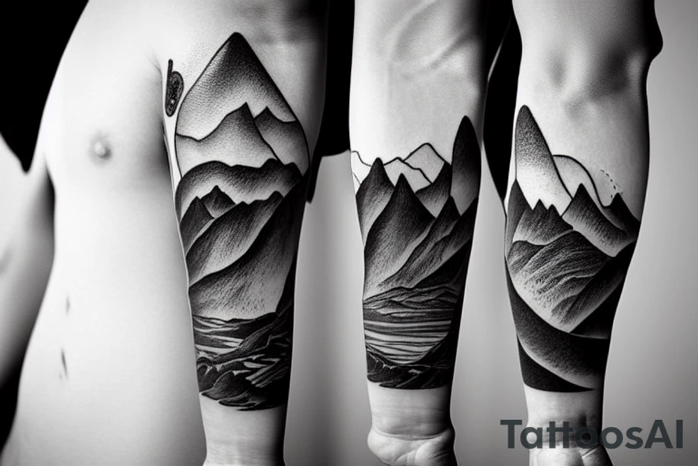 Forearm sleeve with silhouette of a mountain (mount Rainer) with with the peak pointing up the arm and then an mountain range upside down closer to the wrist representing the southern alps in New Zealand tattoo idea