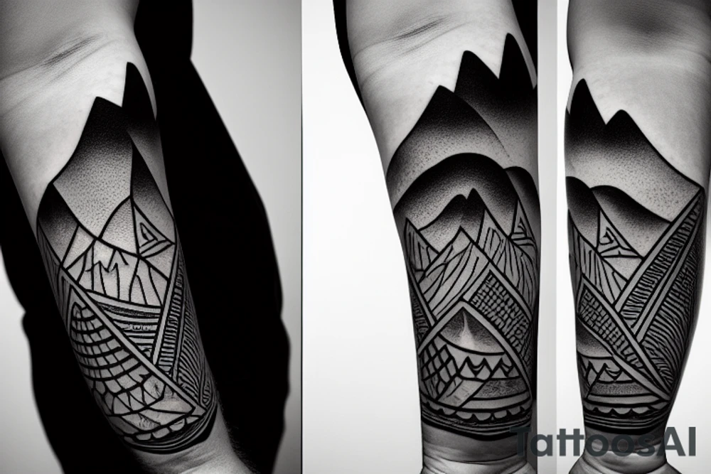 Forearm sleeve with silhouette of a mountain (mount Rainer) with with the peak pointing up the arm and then an mountain range upside down closer to the wrist representing the southern alps in New Zealand tattoo idea
