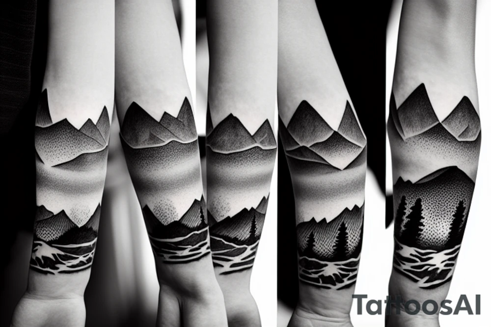 Forearm sleeve with silhouette of a mountain (mount Rainer) with with the peak pointing up the arm and then an mountain range upside down closer to the wrist representing the southern alps in New Zealand tattoo idea