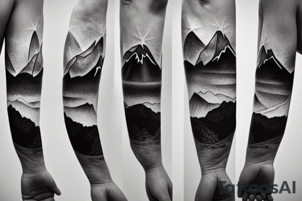 Forearm sleeve with silhouette of a mountain (mount Rainer) with with the peak pointing up the arm and then an mountain range upside down closer to the wrist representing the southern alps in New Zealand tattoo idea