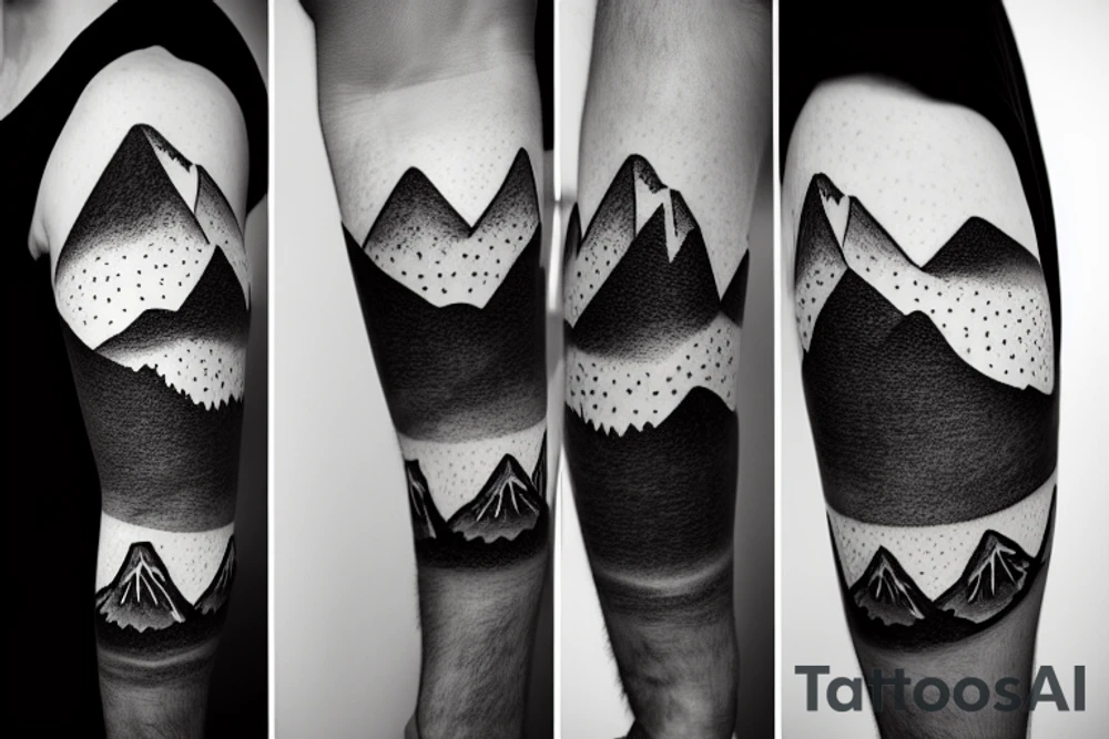 Forearm sleeve with silhouette of a mountain (mount Rainer) with with the peak pointing up the arm and then an upside down mountain range closer to the wrist representing the southern alps in New Zealand tattoo idea