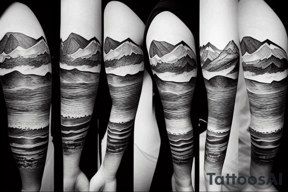 Forearm sleeve with silhouette of a mountain (mount Rainer) with with the peak pointing up the arm and then an upside down mountain range closer to the wrist representing the southern alps in New Zealand tattoo idea