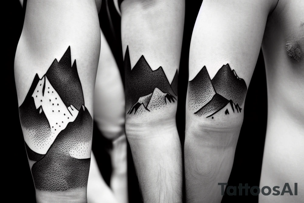 Forearm sleeve with silhouette of a mountain (mount Rainer) with with the peak pointing up the arm and then an upside down mountain range closer to the wrist representing the southern alps in New Zealand tattoo idea