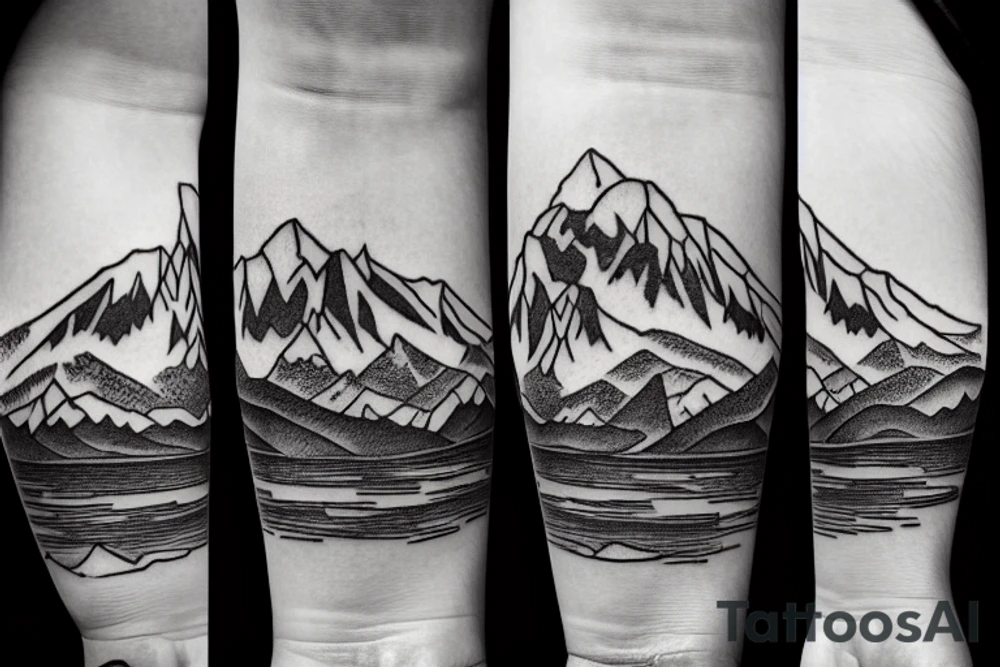 Forearm sleeve with silhouette of a mountain (mount Rainer) with with the peak pointing up the arm and then an upside down mountain range closer to the wrist representing the southern alps in New Zealand tattoo idea