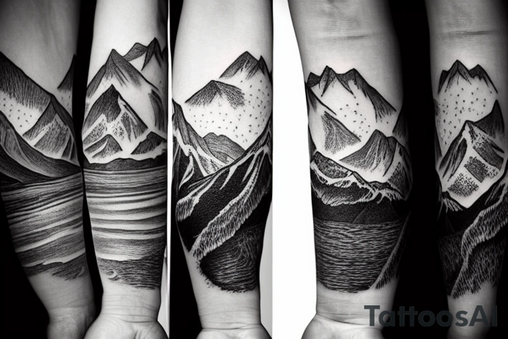 Forearm sleeve with silhouette of a mountain (mount Rainer) with with the peak pointing up the arm and then an upside down mountain range closer to the wrist representing the southern alps in New Zealand tattoo idea