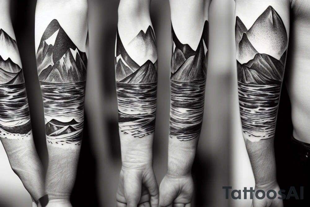 Forearm sleeve with silhouette of a mountain (mount Rainer) with with the peak pointing up the arm and then an upside down mountain range closer to the wrist representing the southern alps in New Zealand tattoo idea