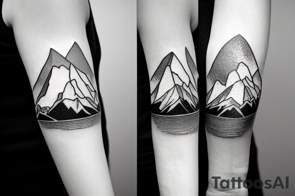Forearm sleeve with silhouette of a mountain (mount Rainer) with with the peak pointing up the arm and then an upside down mountain range closer to the wrist representing the southern alps in New Zealand tattoo idea
