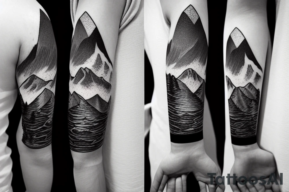 Forearm sleeve with silhouette of a mountain (mount Rainer) with with the peak pointing up the arm and then an upside down mountain range closer to the wrist representing the southern alps in New Zealand tattoo idea