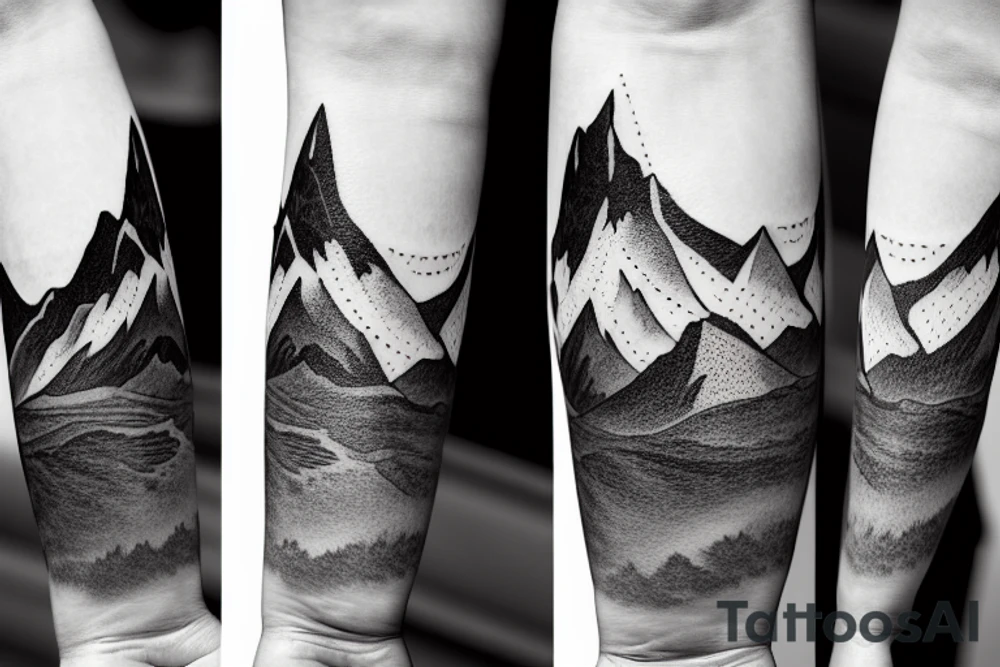 Forearm sleeve with silhouette of a mountain (mount Rainer) with with the peak pointing up the arm and then an upside down mountain range closer to the wrist representing the southern alps in New Zealand tattoo idea