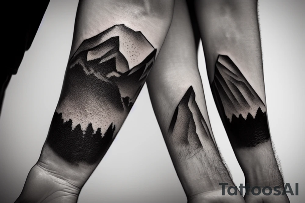 Forearm sleeve with silhouette of a mountain (mount Rainer) with with the peak pointing up the arm and then an upside down mountain range closer to the wrist representing the southern alps in New Zealand tattoo idea