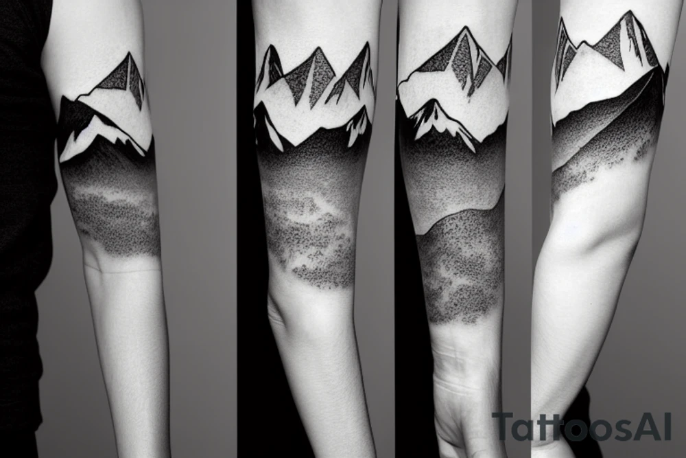 Forearm sleeve with silhouette of a mountain (mount Rainer) with with the peak pointing up the arm and then an upside down mountain range closer to the wrist representing the southern alps in New Zealand tattoo idea
