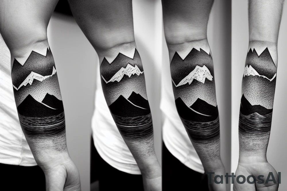 Forearm sleeve with silhouette of a mountain (mount Rainer) with with the peak pointing up the arm and then an upside down mountain range closer to the wrist representing the southern alps in New Zealand tattoo idea