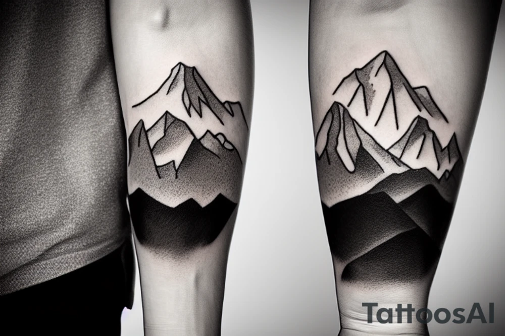 Forearm sleeve with silhouette of a mountain (mount Rainer) with with the peak pointing up the arm and then an upside down mountain range closer to the wrist representing the land of the long white cloud New Zealand tattoo idea