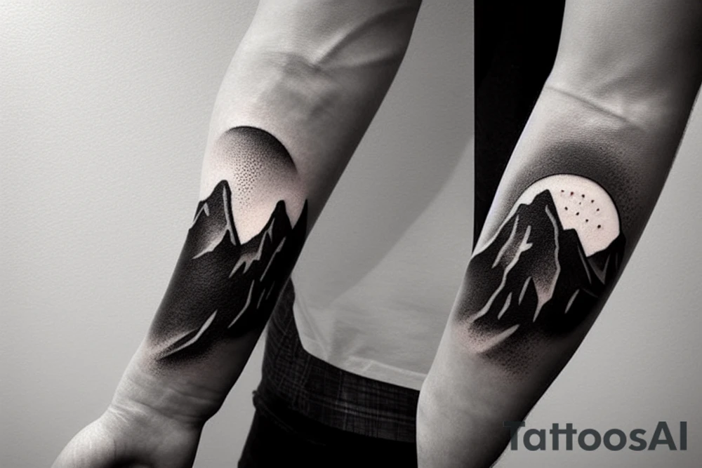 Forearm sleeve with silhouette of a mountain (mount Rainer) with with the peak pointing up the arm and then an upside down mountain range closer to the wrist representing the land of the long white cloud New Zealand tattoo idea
