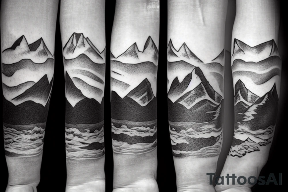 Forearm sleeve with silhouette of a mountain (mount Rainer) with with the peak pointing up the arm and then an upside down mountain range closer to the wrist representing the land of the long white cloud New Zealand tattoo idea