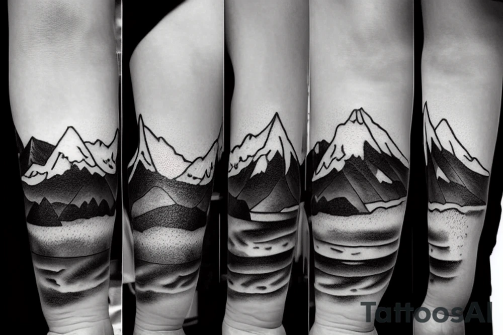Forearm sleeve with silhouette of a mountain (mount Rainer) with with the peak pointing up the arm and then an upside down mountain range closer to the wrist representing the land of the long white cloud New Zealand tattoo idea