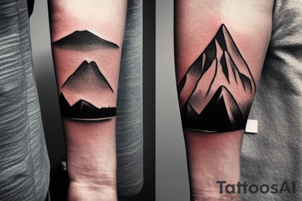 Forearm sleeve with silhouette of a mountain (mount Rainer) with with the peak pointing up the arm and then an upside down mountain range closer to the wrist representing the land of the long white cloud New Zealand tattoo idea