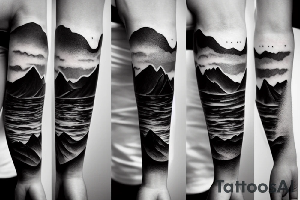 Forearm sleeve with silhouette of a mountain (mount Rainer) with with the peak pointing up the arm and then an upside down mountain range closer to the wrist representing the land of the long white cloud New Zealand tattoo idea