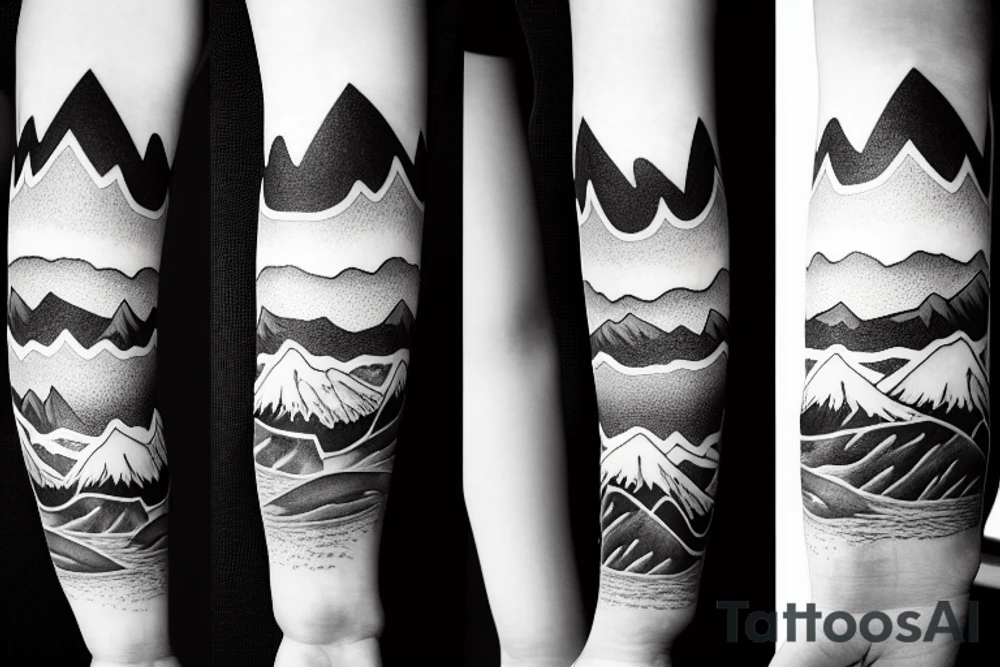 Forearm sleeve with silhouette of a mountain (mount Rainer) with with the peak pointing up the arm and then an upside down mountain range closer to the wrist representing the land of the long white cloud New Zealand tattoo idea