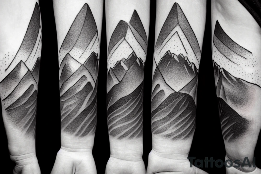 Forearm sleeve with silhouette of a mountain (mount Rainer) with with the peak pointing up the arm and then an upside down mountain range closer to the wrist representing the land of the long white cloud New Zealand tattoo idea