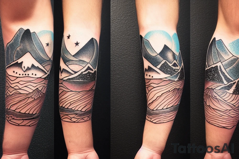 Forearm sleeve with silhouette of a mountain (mount Rainer) with with the peak pointing up the arm and then an upside down mountain range closer to the wrist representing the land of the long white cloud New Zealand tattoo idea