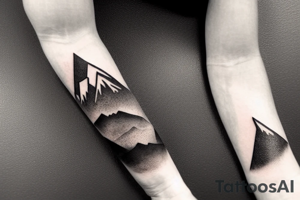 Forearm sleeve with silhouette of a mountain (mount Rainer) with with the peak pointing up the arm and then an upside down mountain range closer to the wrist representing the land of the long white cloud New Zealand tattoo idea