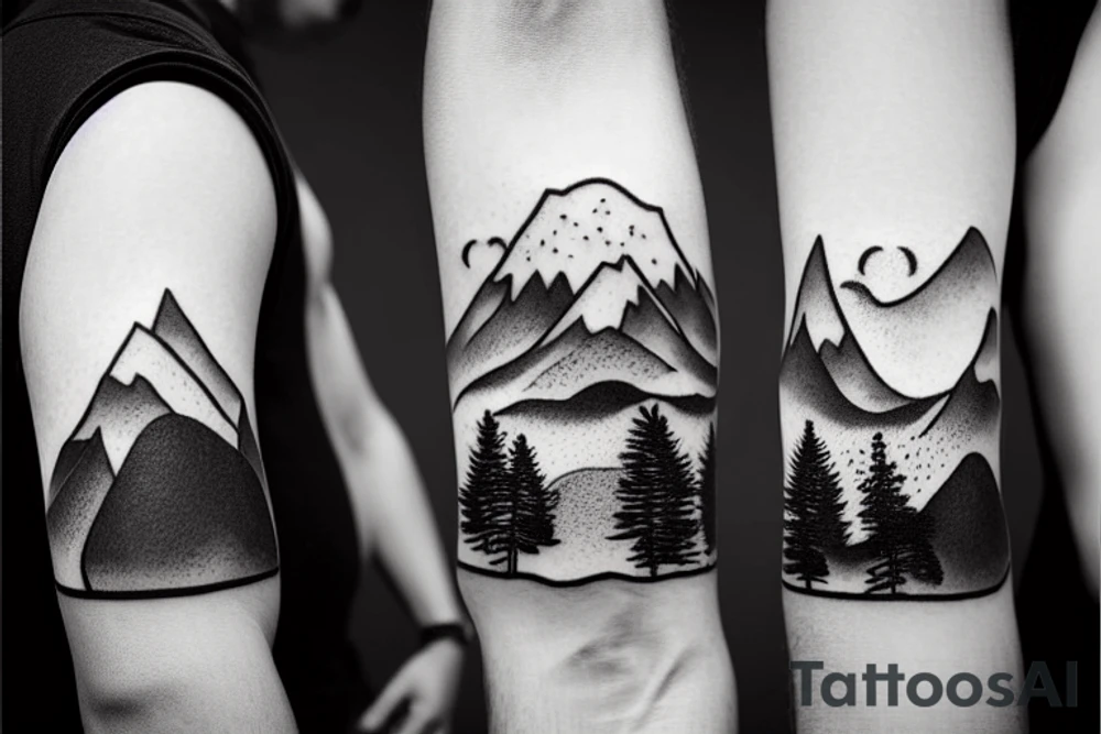 Forearm sleeve with silhouette of a mountain (mount Rainer) with with the peak pointing up the arm and then an upside down mountain range closer to the wrist representing the land of the long white cloud New Zealand tattoo idea