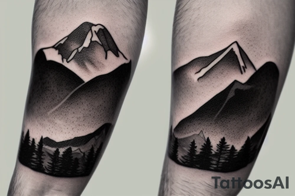 Forearm sleeve with silhouette of a mountain (mount Rainer) with with the peak pointing up the arm and then an upside down mountain range closer to the wrist representing the land of the long white cloud New Zealand tattoo idea