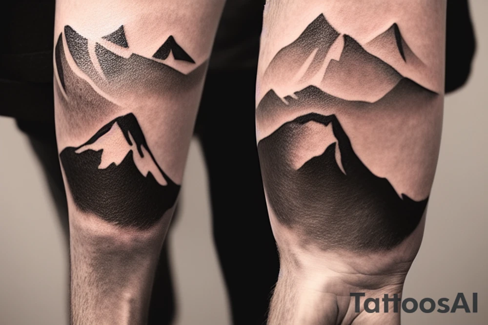 Forearm sleeve with silhouette of a mountain (mount Rainer) with with the peak pointing up the arm and then an upside down mountain range closer to the wrist representing the land of the long white cloud New Zealand tattoo idea