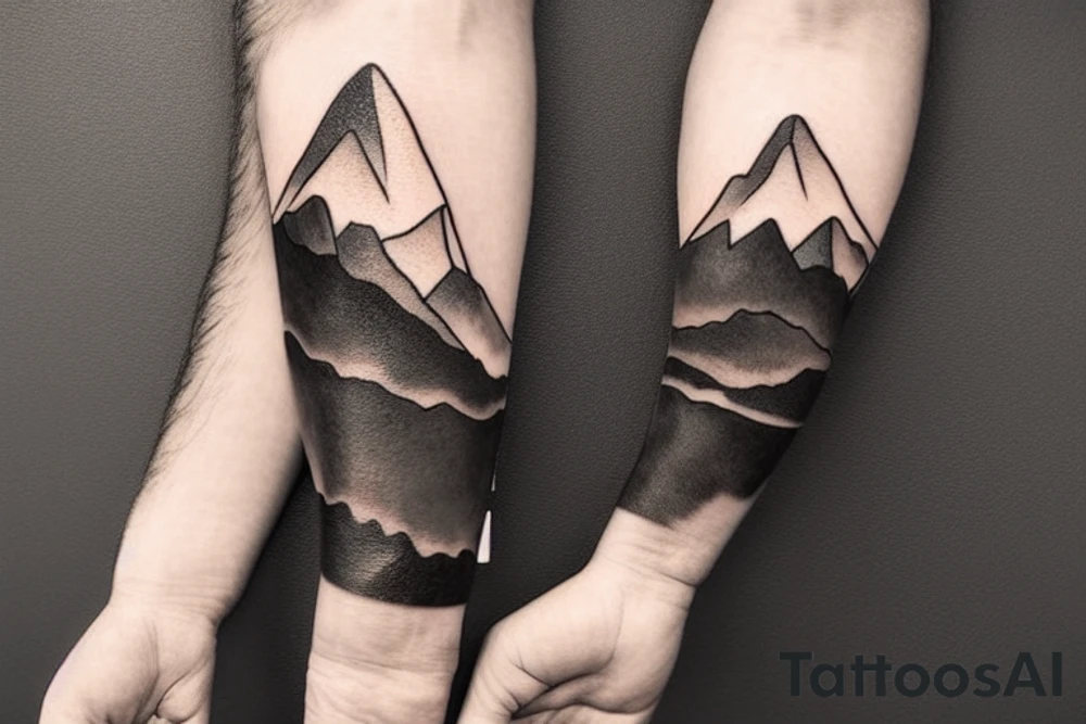 Forearm sleeve with silhouette of a mountain (mount Rainer) with with the peak pointing up the arm and then an upside down mountain range closer to the wrist representing the land of the long white cloud New Zealand tattoo idea
