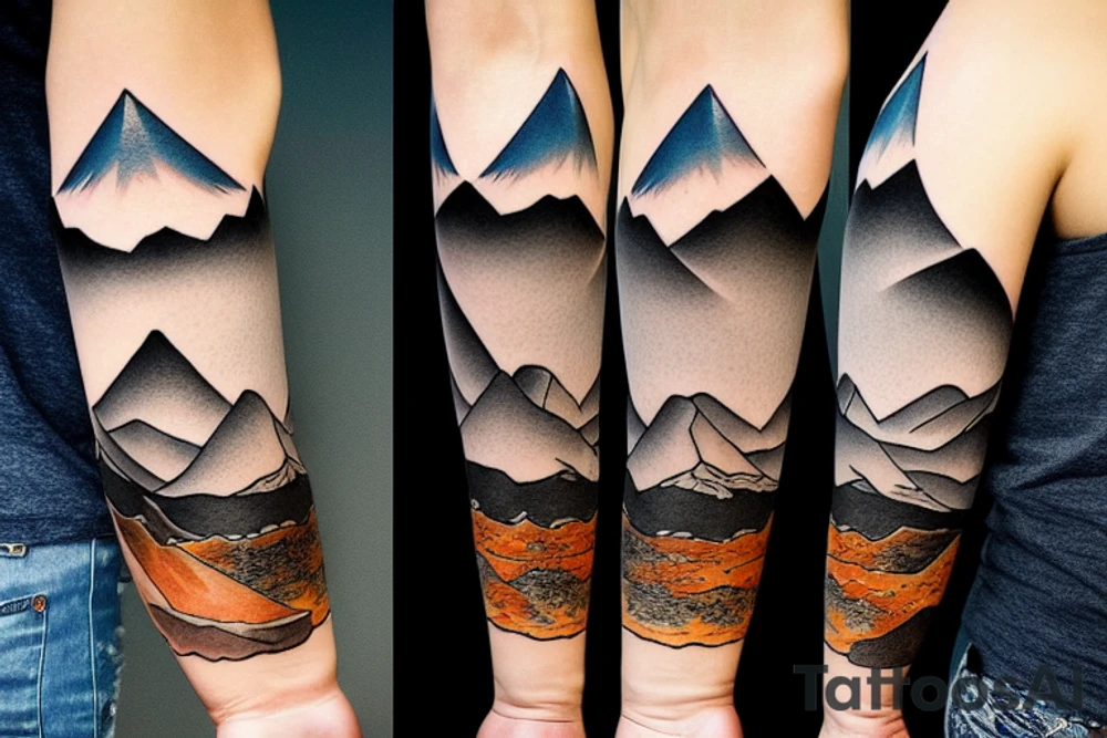 Forearm sleeve with silhouette of a mountain (mount Rainer) with with the peak pointing up the arm and then an upside down mountain range closer to the wrist representing the land of the long white cloud New Zealand tattoo idea