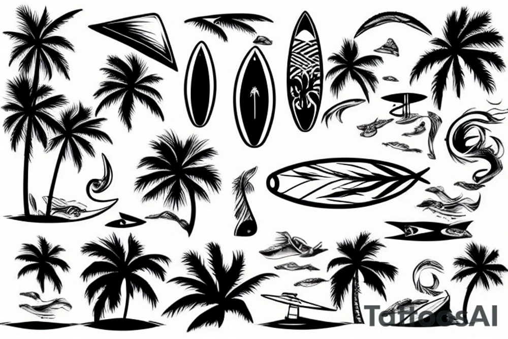 sea, palm, surfer tattoo idea