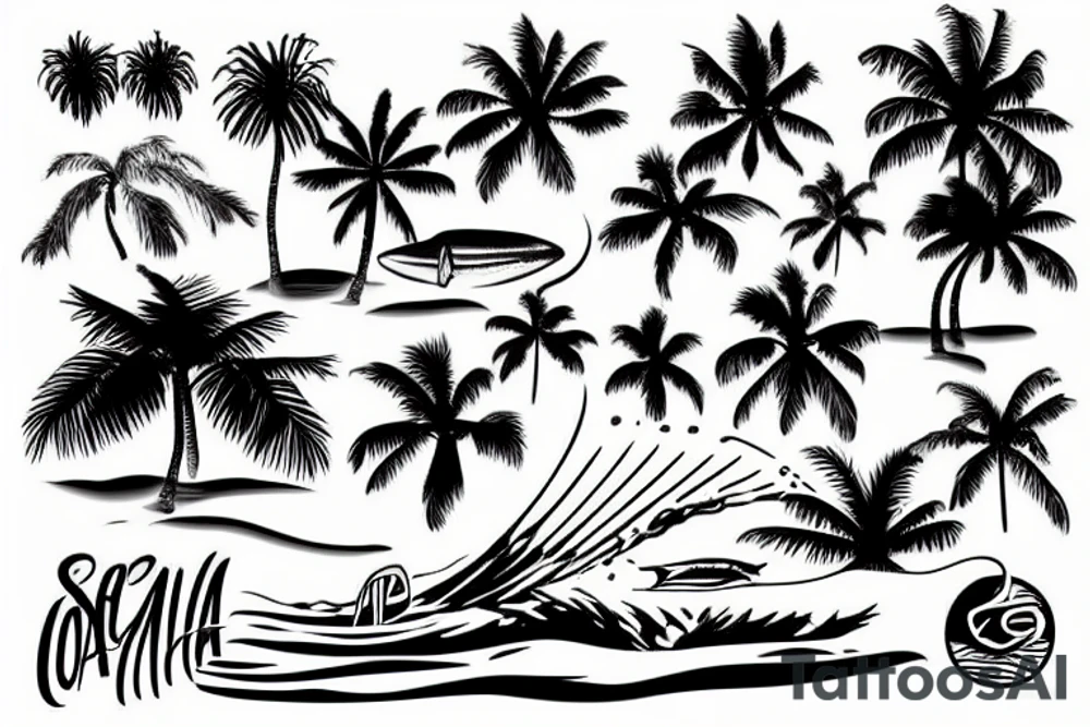 sea, palm, surfer tattoo idea