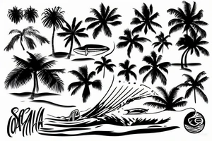 sea, palm, surfer tattoo idea
