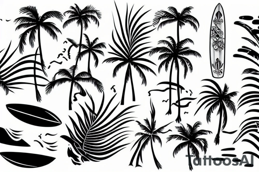 sea, palm, surfer tattoo idea